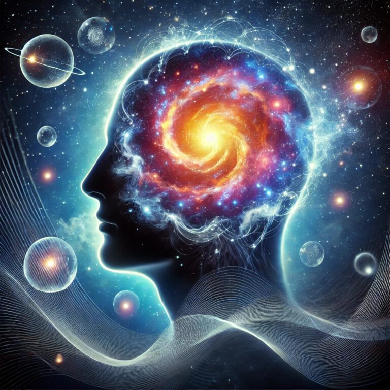 Unterbewusstsein Visualisierung mit leuchtender Galaxie im Kopf, die mentale Techniken, Manifestation und Wunschverwirklichung symbolisiert.