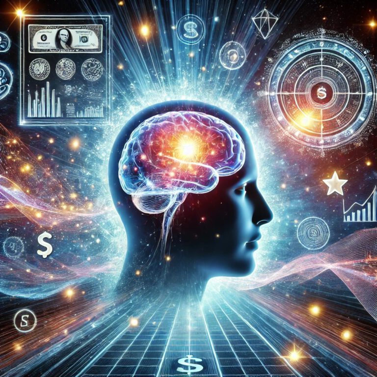 Visualisierung des Unterbewusstseins zur Programmierung auf Erfolg, mit leuchtendem Gehirn, Energieflüssen und Symbolen für Reichtum und Manifestation.